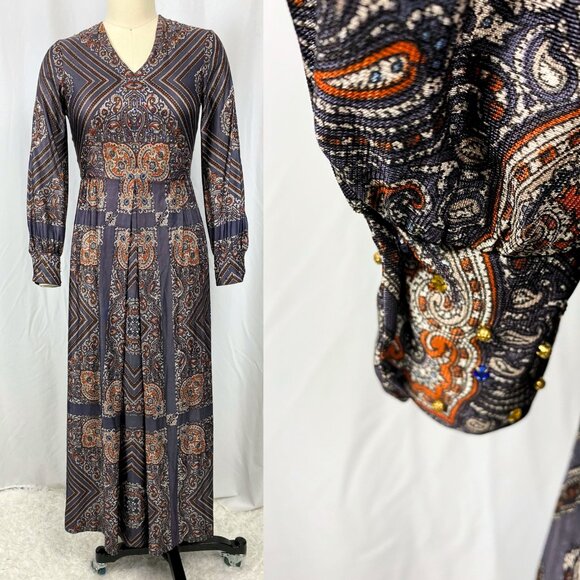 Vintage Bernie Bee hostess maxi dress paisley studded rhinestone small medium - Picture 2 of 4